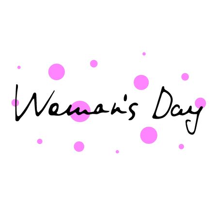 Minimalistic woman s Day text design with pink circles on white background. Vector illustration. Woman s Day greeting calligraphy design. Template for a poster, cards, banner. Simple letteringのイラスト素材