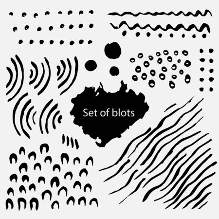 Vector isolated black brush strokes or marker on a white background. Dots, wavy lines, horseshoes, squiggles, circles, bagels. Ink smudge abstract shape stains and smear set with texture.のイラスト素材