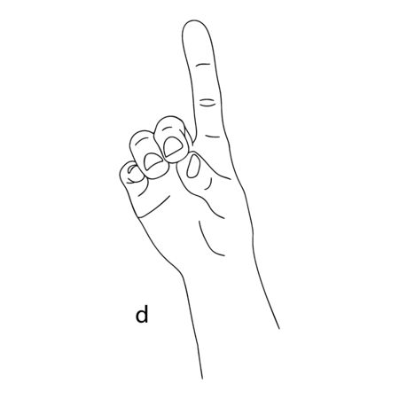 D is the fourth letter of the alphabet in sign language. Vector graphics image of a hand. The language of the deaf and dumb. Line art drawing. Black and white illustration. Fingers folded in letter dのイラスト素材