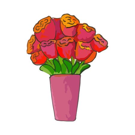 Isolated drawing of tulips in a flower pot. Cute bright red Potted flowers with green leaves for Womens Day, Birthday, invitation card design, gift wrapping, party decoration. Colorful illustrationのイラスト素材