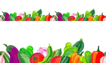 A border of many vegetables drawn in gouache. Pepper, eggplant, zucchini, cucumber, garlic. Bright vegetables hand-drawn for the design of menus, business cards, shop windows, textiles, postcardsの写真素材