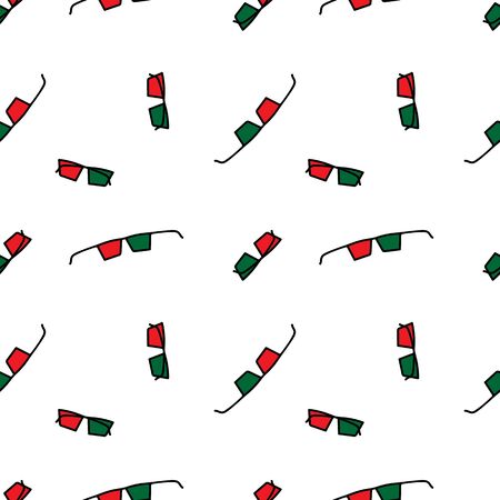 Template 3D glasses for watching a movie in a movie theater. Vector glasses accessories seamless pattern. Green and red glasses. Great for themed fabrics, wallpapers, packaging. Stock illustrationのイラスト素材