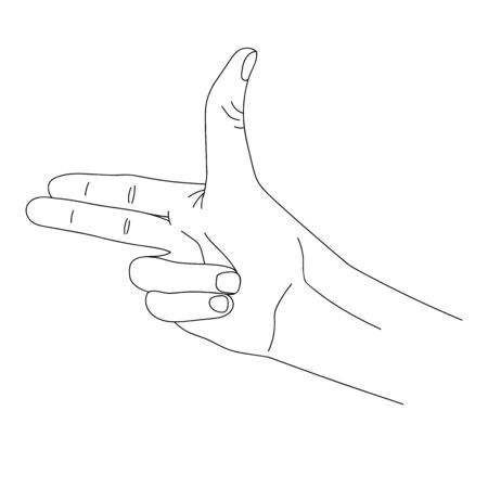 Gesture in the form of the index and middle finger pointing up. Black and white drawing of a hand. Hand making shooting gun, gesture outline vector illustration. Deaf and dumb language. Gun Handのイラスト素材