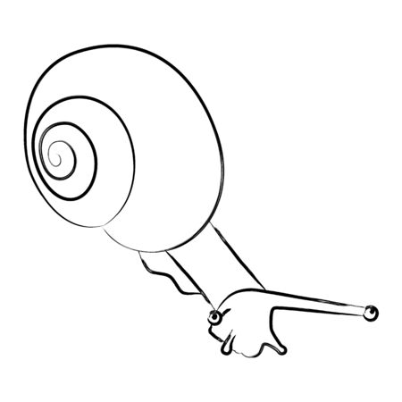 Illustration of a snail in thin line style, stroke. Isolated black silhouette snail on a white background. Vector illustration in line art style. The mollusk creeps down, it has a large spiral shellのイラスト素材