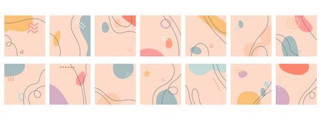 Set of fourteen abstract isolated backgrounds. Hand drawn various shapes and doodle objects. Modern contemporary trendy vector illustration. Delicate pastel colors. Stock illustration. Copy spaceのイラスト素材