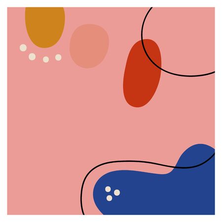 Square background with black line and abstract oval color shapes. Hand drawn various shapes and doodle objects. Modern trendy vector illustration. Delicate pastel colors. Stock illustration.Copy spaceのイラスト素材
