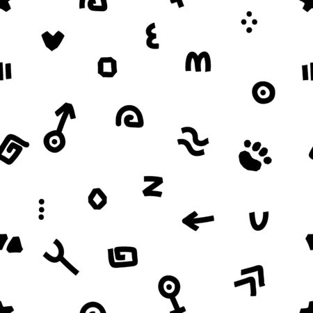 A variety of abstract black symbols are randomly scattered on a white background. Seamless pattern with small geometric black and white patterns. For the site, social networks, books, notebook covers.のイラスト素材