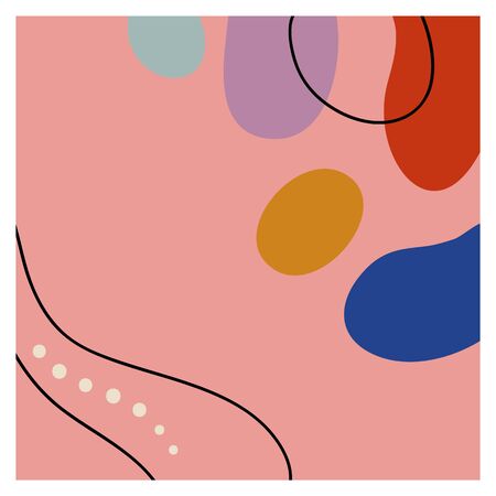 Square background with black line and abstract oval color shapes. Hand drawn various shapes and doodle objects. Modern trendy vector illustration. Delicate pastel colors.Stock illustration.Copy spaceのイラスト素材