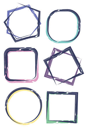A set of 6 different isolated frames for graphic design, social media design. Frames are square, pentagonal, and round. Blue grunge lines drawn with a brush. Colored shadows of pleasant pastel tonesのイラスト素材