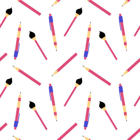 Pattern consisting of Stationery items on white background. Pencil, pen, brush for office. Vector illustration. Isolated clipart. Pink pencil, pen and brush. Set for website design, stationery store.のイラスト素材