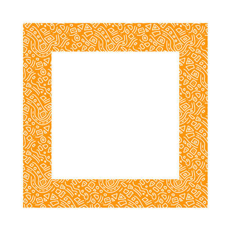 Orange square with white Doodle-style doodles.Interesting unusual ethnic frame.Simple doodles.Vector isolated image, space for text.For packaging, website, postcards, magazines.Stock illustrationのイラスト素材