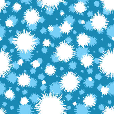 Seamless vector background of white fluffy snowflakes on blue background. Abstract snowflakes are randomly arranged. Background for winter holidays such as Christmas and New Year. Stock vectorのイラスト素材