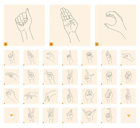 A set of isolated gestures for the deaf and dumb. Black linear drawing on a light background. Black and white drawing of a hand. Deaf and dumb language. Stock vector illustration. Cards to studyのイラスト素材