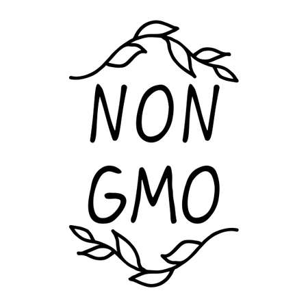 Non gmo hand drawn sign. Two twigs on top and bottom. Suitable for packaging, web designs, advertising products, label, Internet advertising. Lettering.のイラスト素材