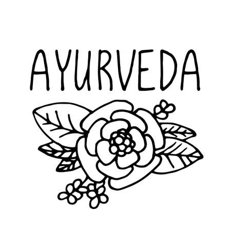 Ayurveda product label. Suitable for packaging, web designs, advertising products. Hand drawn black and white linear flower. Lettering. Indian traditional medicine. Ayurveda. Vector illustrationのイラスト素材