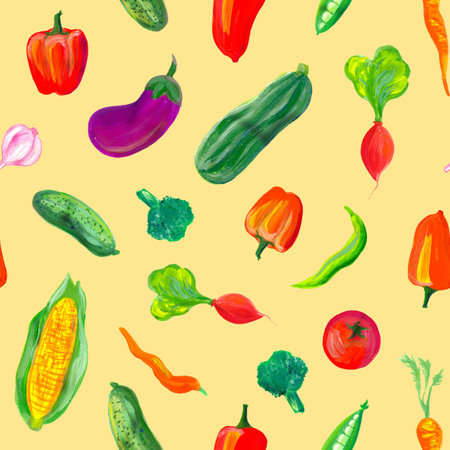 A pattern of juicy vegetables on a light yellow background. Pattern for kitchen, apron, towels,...