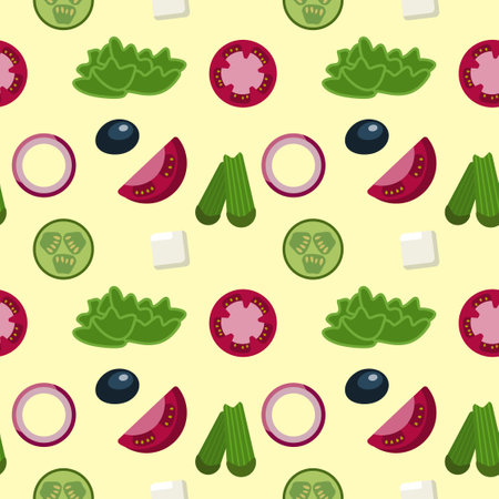 A seamless pattern of salad ingredients on a yellow background. Delicious vegetables. Tomatoes, olives, lettuce, cucumber, cheese, onion. Print for kitchen design. Apron, cutter, napkins, towelsのイラスト素材