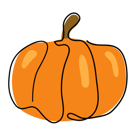 The pumpkin is drawn with a single black line. Doodle style. An orange spot. The concept of harvesting. Halloween holiday. Linear style. Stock vector illustration. Isolated objects. Simple objectのイラスト素材