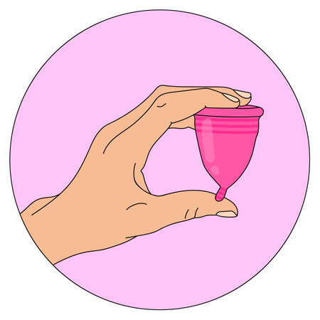 Illustration of a hand holding a menstrual Cup. Eco friendly option for replacing pads and tampons. An environmentally friendly alternative. Feminine hygiene. Colorized line drawing in a circleのイラスト素材