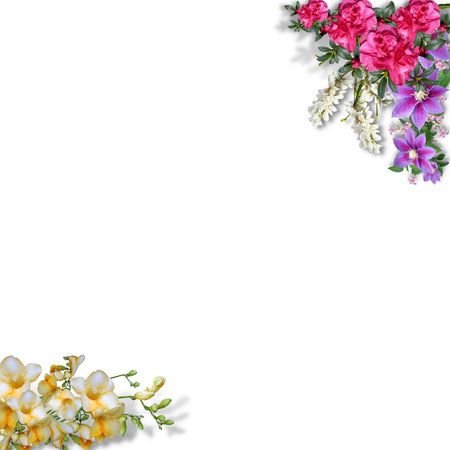 Background with white pink and lilac flowers on the sides and yellow flowers with green foliageの写真素材