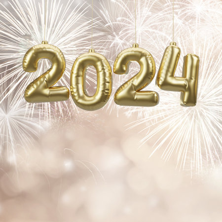 Photo for the new year with a light background with white fireworks and 2024 on golden balloons hanging.の写真素材