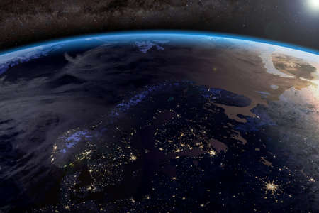 Night view of Nordic Europe on Earth, close up photo of world from space, Norwegian and Barents Sea,...