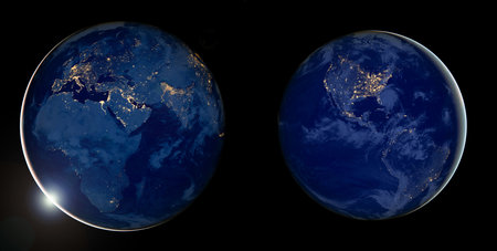 Earth photo at night on a black background. City Lights of America, Africa, Europe, Asia and the Middle East from space. World map at night. Elements of this image furnished by .の写真素材