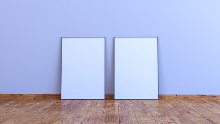 Two vertical frame mockup on a white gray wall with wooden floor 3d render ilustration.