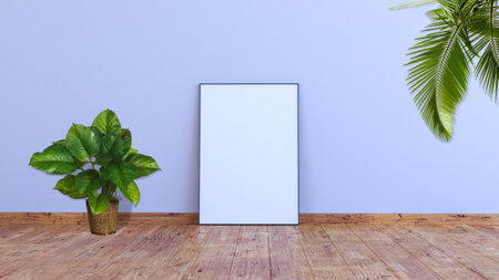 A vertical frame mockup on a white gray wall with wooden floor 3d render ilustration.の写真素材