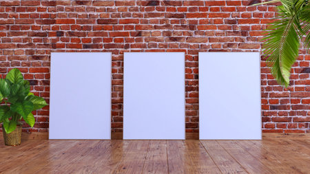 Three vertical frame mockup 3d rendering on a red brick wall with wooden floor, palm leaves and green leaf plant potの写真素材