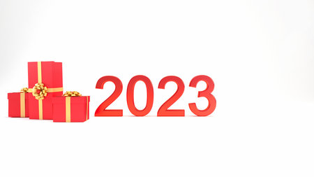 2023 3D text with red gift boxes and gold ribbons, happy new year background concept 3D rendering...