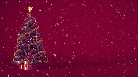 Christmas tree decorated with present boxes and ornaments on burgundy backdrop with snow and copy space. Snowy Christmas background concept with gifts for header or banner design 3d rendering.の写真素材