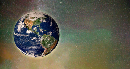 Planet earth on a colorful starry space with perseid meteor shower and copy space. HD space wallpaper. Elements of this image furnished .の写真素材