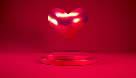 Valentine's day 3d shiny red podium or pedestal with red heart on red background, 3d rendering illustration for Valentines day concept.の写真素材