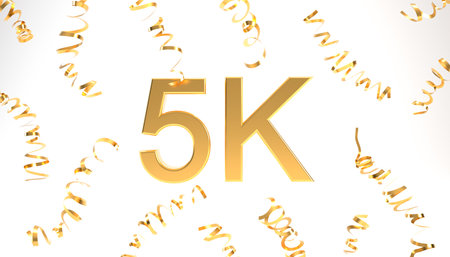 5K followers symbol with confetti 3d rendering. Gold 5k 3d number illustration on white background....
