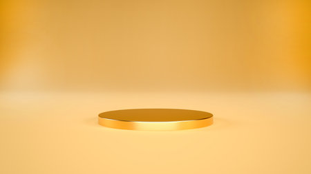 Gold podium or pedestal on golden background for product display. 3D rendering.の写真素材