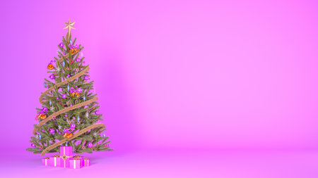 Christmas tree decorated with presents on pink background with copy space. Christmas background concept for header or banner design 3d rendering.の写真素材