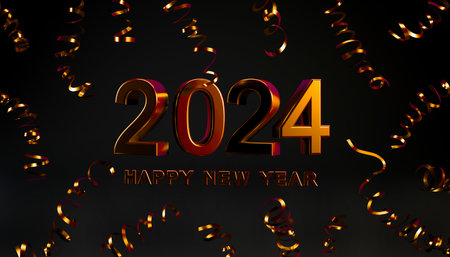 Golden 2024 3D text, happy new year concept with confetti isolated on white background