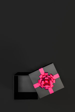 Black friday sale, giving present, new year present, christmas, valentine's day, sale concept. Top view of open black gift box with red ribbon and bow isolated on black background and copy space.の写真素材