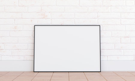 Horizontal frame mockup on white brickwall. Black thin metal frame mock up, 3d renderの写真素材