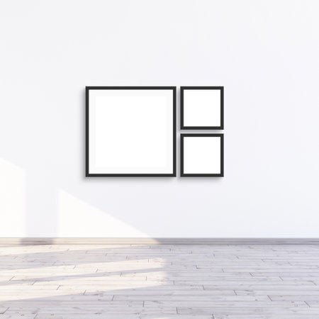 3 square frame mock up hanging on a white wall with sunlight, 3 frames for gallery wall mockup, 3d...