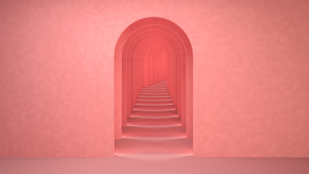 Abstract pink surreal 3d render. Arch corridor pastel pink background