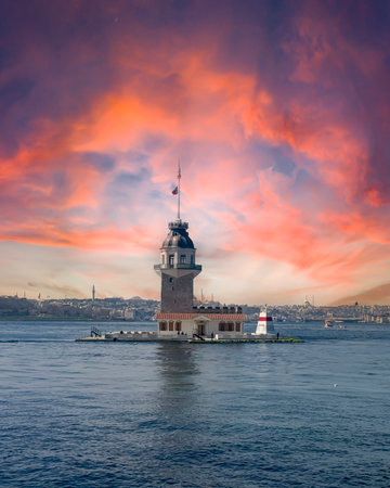 Maidens Tower in Istanbul, Turkey with dramatic red sunset sky landscape