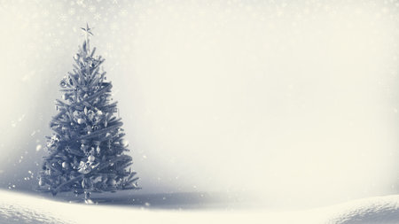 Snowy Christmas background concept for greeting card design 3d render illustration. White Christmas tree with snowflakes on a white background with copy space.の写真素材