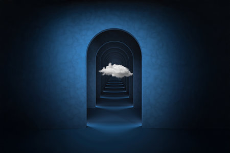 Abstract blue surreal 3d render with white cloud. Arch corridor dark blue background.の写真素材