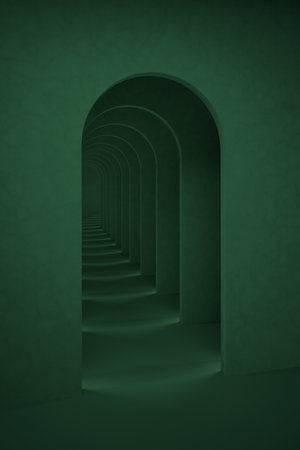 Emerald green surreal abstract background. Arch corridor teal green backdrop, 3d render illustrationの写真素材