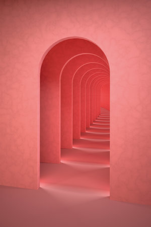 Abstract pink surreal 3d render. Arch corridor pastel pink backgroundの写真素材