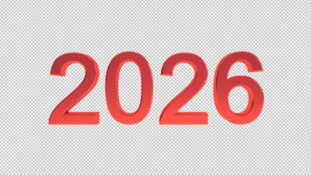Red 2026 3D text isolated on png background, happy new year backdrop concept 3D render.の写真素材