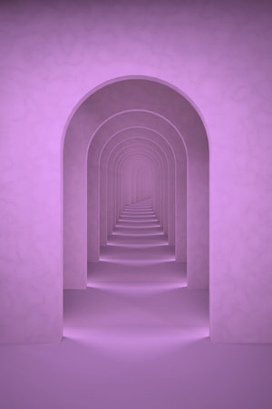 Lilac purple surreal abstract background. Arch corridor lavender backdrop, 3d render illustrationの写真素材