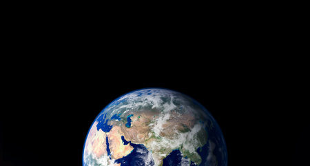 Satellite view of Earth from space showing Europe, Asia and Africa isolated on black background. Elements of this image furnished by NASA.の写真素材